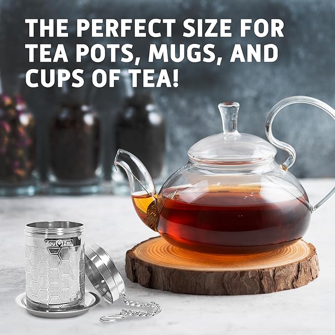 Sou Zen Tea Infuser (2 Pack & Teaspoon Scoop) | Extra Fine Hex Mesh Loose Leaf Tea Strainers | 304 Stainless Steel Tea Steeper with Extended Chain Hook | Perfect for Brewing Loose Tea, Herbs & Spices - Bloomnest