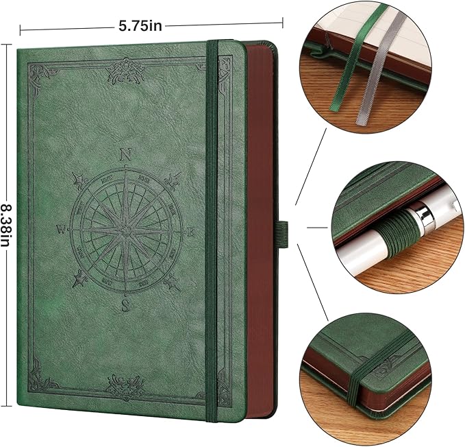 AHGXG Thick Journal Blank Notebook for Men - 320 Numbered Pages A5 Notebook for Writing, 100gsm Plain Paper, Vintage Leather Hardcover, for Women Work Office School, 5.75'' X 8.38''- Dark Green - Bloomnest