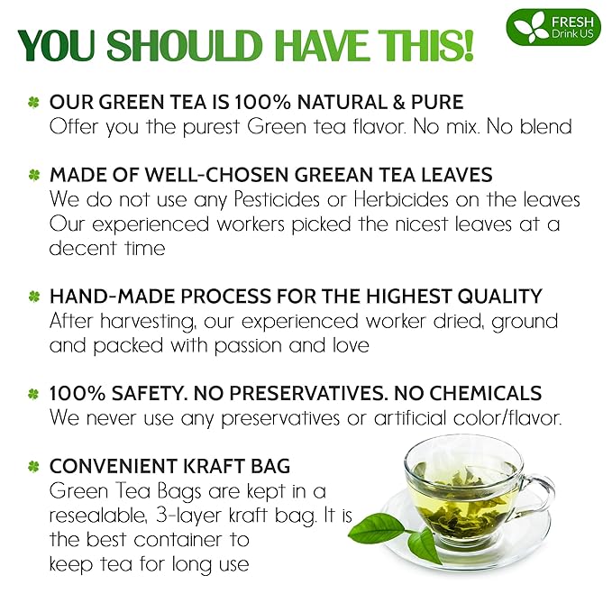 FreshDrinkUS, Premium 175 Green Tea Bags, 100% Natural & Pure from Green Tea. Green Herbal Tea. Made with Natural Material Tea Bags. No Sugar, No Gluten, Vegan - Bloomnest