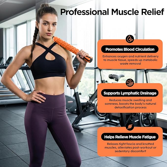 Muscle Roller & Massage Roller Stick for Athletes - Lymphatic Drainage Support, Relieves Muscle Soreness, Cramping & Tightness - Targets Legs, Arms, Back & Calves （Orange - 18inch） - Bloomnest