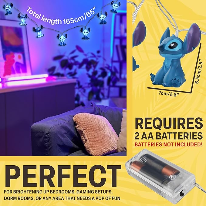 Disney Stitch LED String Lights for Kids, Teens, Adults, 10 Battery Operated Indoor 59” Fairy Lights, Room Decor Lighting, Gifts for Kids (Blue Stitch) - Bloomnest