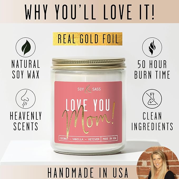 Gifts for Mom, Mom Birthday Gifts, Mothers Day Gifts for Mom - 'Love Mom' Soy Candle, w/Coconut & Vanilla I Birthday Gifts for Mom Gifts from Daugher or Son I 50Hr Burn, USA Made - Bloomnest