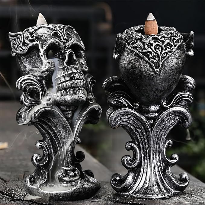 Comeon Backflow Incense Holder Burner Resin Skull Incense Burner Waterfall Incense Burner Home Decor + 20 Backflow Incense Cones + 30 Incense Sticks +1 Tweezer +1 Mat（Metallic Silver） - Bloomnest
