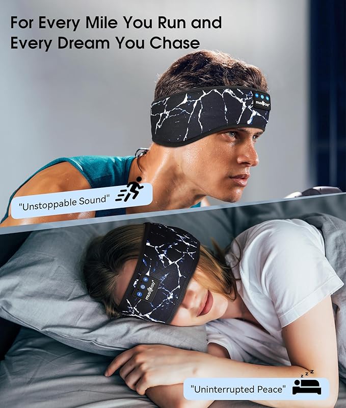 MUSICOZY Sleep Headphones Bluetooth 5.4 Headband, Wireless Earphones Music Sleep Earbuds Sleeping Eye Mask with HD Stereo Speakers for Workout Running Travel Yoga, Ideal Gifts (Marbling Black) - Bloomnest