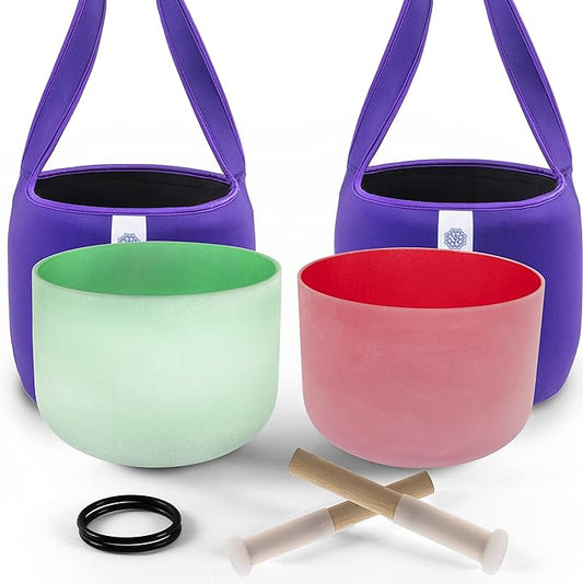 FMTY 10inch Crystal Singing Bowls set prefect pitch(±10HZ) Red(Root)+ Green(Heart) with Carrying Bag Sound Bowls Chakra Bowl