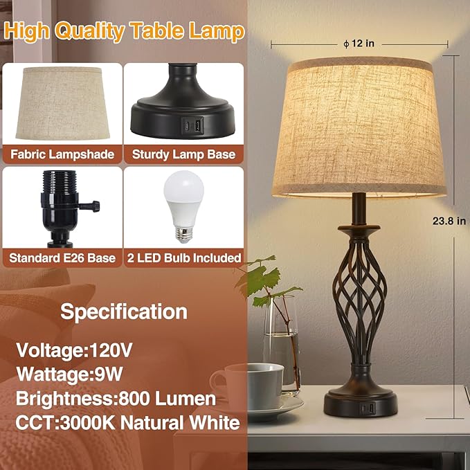 Table Lamp for Bedroom Set of 2 with USB C+A Ports, Modern Bedside Lamps with Spiral Cage Base, Fabric Shade, Nightstand Lamp for Living Room Reading Bed Side End Table, 2 LED Bulbs Included Black - Bloomnest