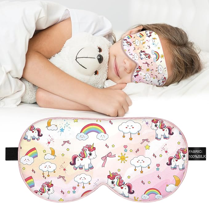 Kids Silk Sleep Mask: 100% Mulberry Silk Eye Mask with Adjustable Strap, Cute Sleeping Blindfold for Boys Girls Teens, Soft & Lightweight Eye Shade for Travel, Nap, Bedtime (Pink Horse Style) - Bloomnest