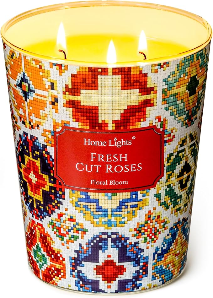 HomeLights 3-Wick Candles for Home Scented - 34oz Soy Wax Blend Candle Long-Lasting Fragrance, Bohemian Natural Textures Home Decor and Housewarming Gifts, Fresh Cut Roses - Bloomnest