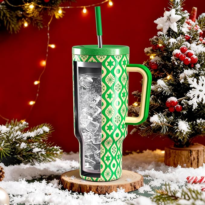 Meoky 40 oz Christmas Tumbler with Handle and Straw, Xmas Tumbler with Lid and Straw, Insulated Stainless Steel Travel Mug, Christmas Gifts for Women Men Adults (Emerald Cheer) - Bloomnest