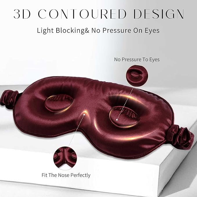 100% 22 Momme Mulberry Silk Sleep Mask, Eye Cover for Sleeping, Blackout 3D Sleep Masks for Lash Extensions with Adjustable Strap for Men and Women (Burgundy) - Bloomnest