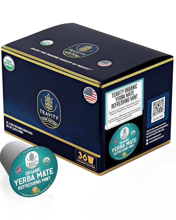 Organic Yerba Mate Refreshing Mint Tea Pods - Naturally Caffeinated Yerba Mate Tea Pod for Keurig Brewers by Teavity (36 Tea Pods) - Bloomnest