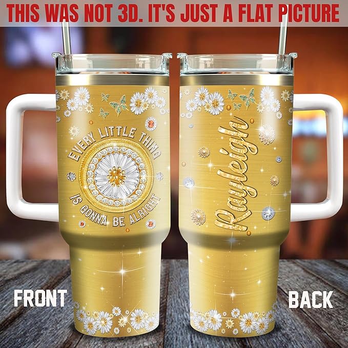 WAZONE Personalized Hippie Coffee Tumbler 40oz with Handle and Straw Custom Name Everything Is Gonna Be Alright Jewelry Style Stainless Steel Travel Mug Christmas Birthday Gift For Girls Women - Bloomnest