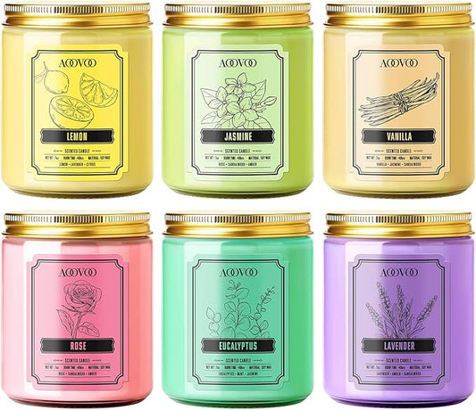 AOOVOO Scented Candles for Women - 6 Pack Colorful Jar Candle for Home Scented, 42oz Soy Candles, 300 Hours Burn Time, Aromatherapy Candles Gifts Set for Birthday - Bloomnest
