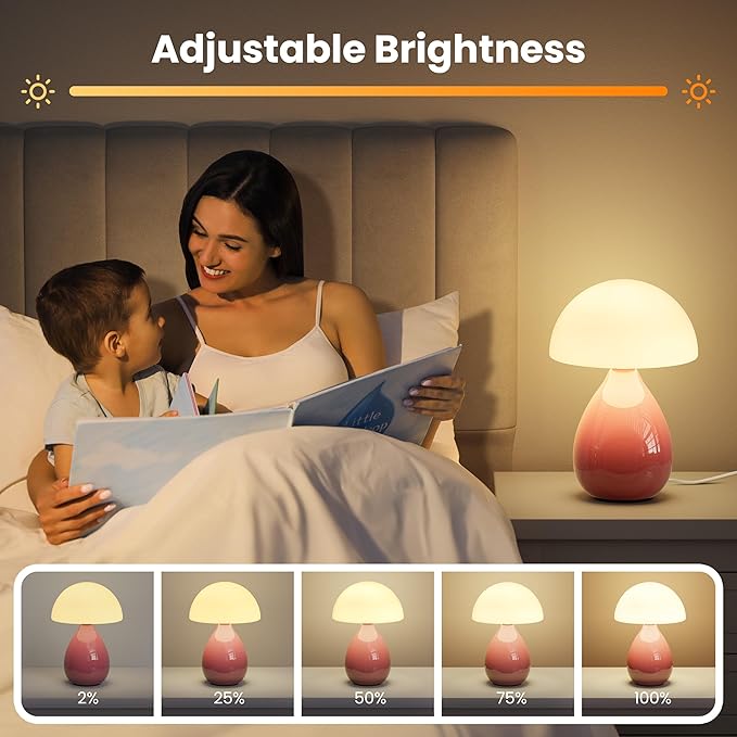 Mushroom Lamp Table Light, Mini Modern Lamp Bedside Small Table Nightstand LED, Small Light Dimmable for Bedroom, Living Room, Ceramic Base Glass Led Home Decor for Woman Children Gift - Bloomnest