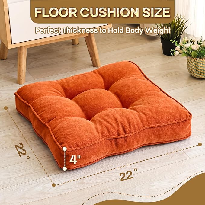 Floor Pillow Set of 2, Memory Foam Floor Cushions for Adults, Large Square Meditation Pillow for Sitting, 22 x 22 Inches (Square | Orange)