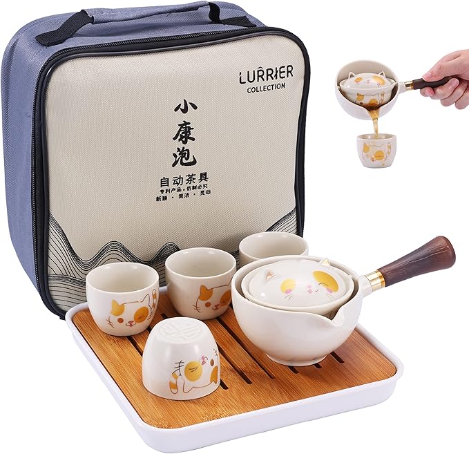 LURRIER Porcelain Chinese Gongfu Tea Set,Portable Teapot Set with 360 Rotation Tea maker and Infuser,Portable All in One Gift Bag for Travel,Home,Gifting,Outdoor and Office (Kitty Cat)