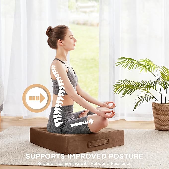 Codi Large Floor Pillow, Meditation Cushions for Adults with Thick Foam and Soft Tufted Covers, Washable Square Seating for Couch and Yoga Sitting, 22 × 22 × 5 Inch Coffee