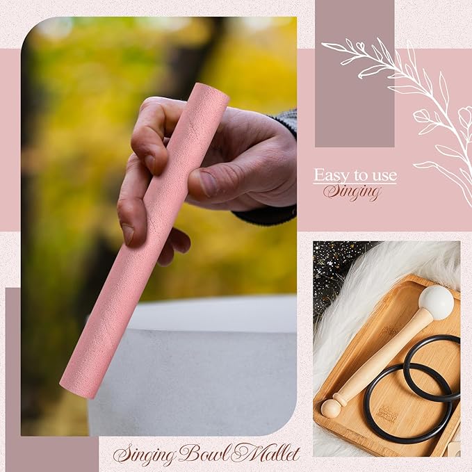 Nuanchu 3 Pieces Crystal Singing Bowl Mallet Set, Include Thick Suede Striker Solid and Hollow Sound Bowl Stick, Crystal Singing Bowl Rubber Mallet with Wood Handle for Playing Bowl (Pink) - Bloomnest