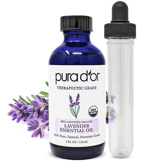 PURA D'OR Organic Lavender Essential Oil (4oz with Glass Dropper) 100% Pure & Natural Therapeutic Grade for Hair, Body, Skin, Aromatherapy Diffuser, Relaxation, Meditation, Massage, Home, DIY Soap - Bloomnest