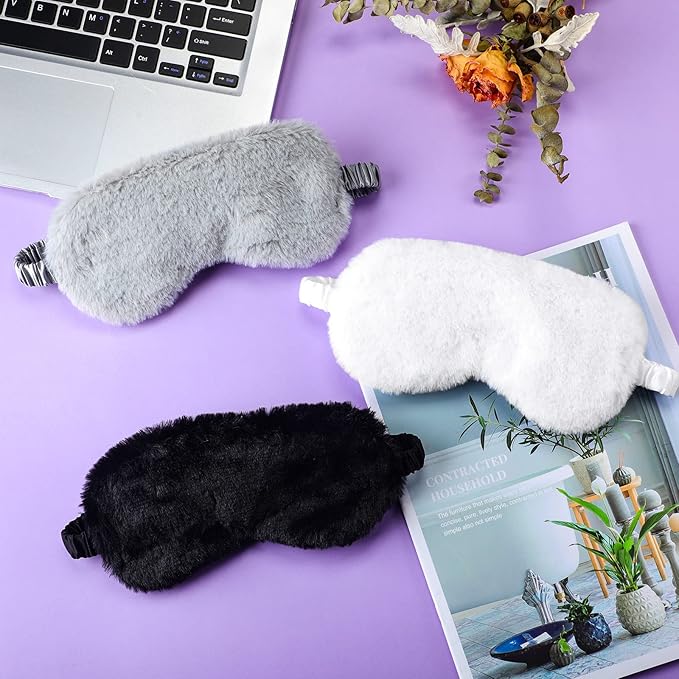 Plush Eye Mask 3 Pcs Sleeping Blindfold Sleeping Mask Sleep Mask Comfortable Plush Sleepover Mask Soft Furry Eye Cover for Sleepover Gift Birthday Party Favors(Black, White, Gray) - Bloomnest