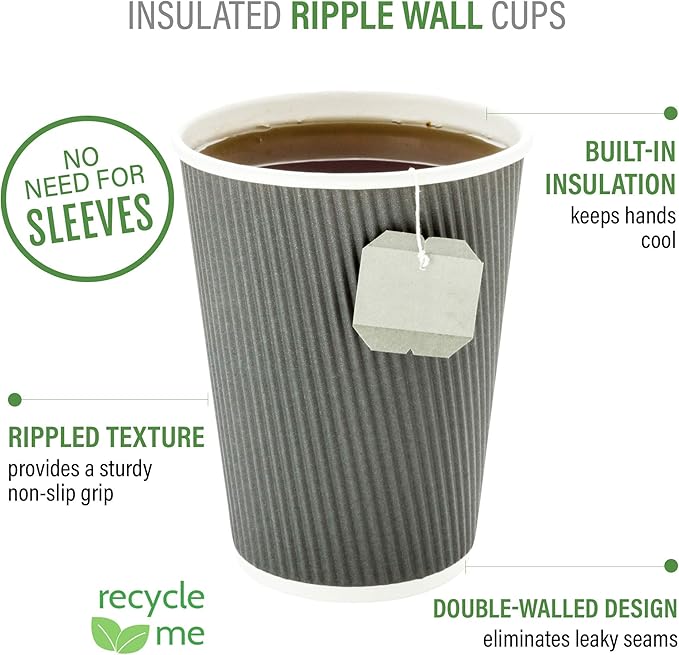 Restaurantware 8 Ounce Double Wall Disposable Coffee Cups, 500 Insulated Gray Paper Tumblers, with Ripple Wall Design, Lids Sold Separately for Hot Drinks like Tea, Hot Chocolate, and More - Bloomnest