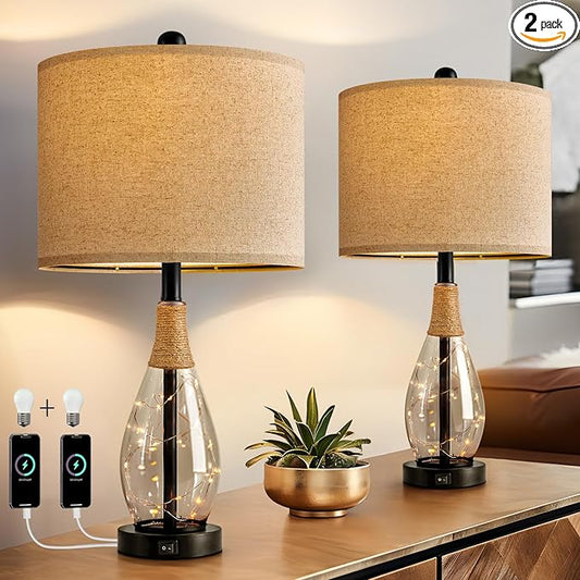 OYEARS 23" Table Lamps for Living Room Set of 2 Bedside Lamps for Night Stands Bedroom Lamps Farmhouse Rattan Boho Lamp Glass Nightlight End Table Lamp with USB C+A (Black),Two Light Points - Bloomnest