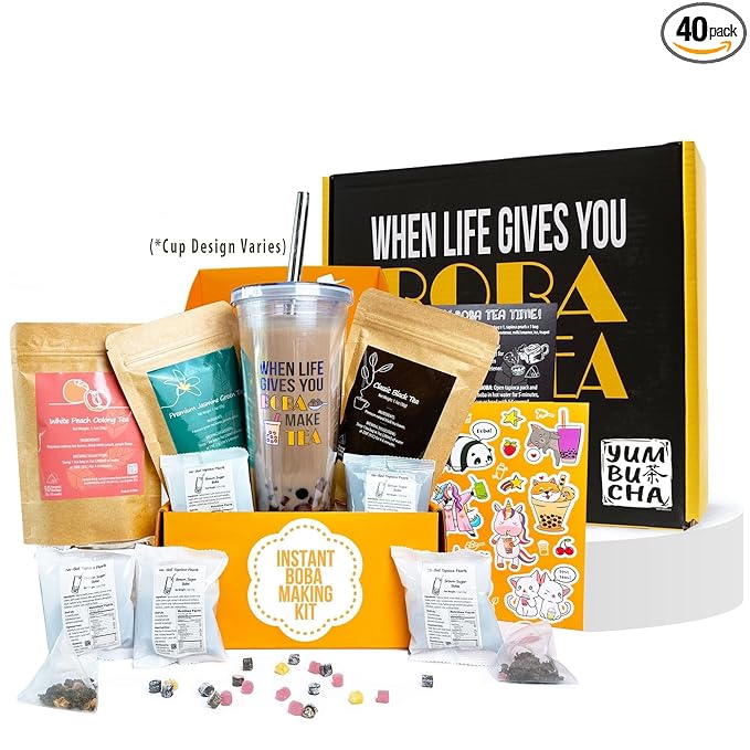 YUMBUCHA Instant Boba Making Kit - A Complete Set for Boba Tea Lovers - 30 Drinks, Reusable Cup & Straw, Tapioca Pearls, and Loose Leaf Teabags - White Peach Oolong, Jasmine Green, Classic Black - Bloomnest