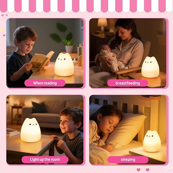 Night Light for Kids, Rechargeable Dimmable Silicone LED Nightlight with 7 Colors, Baby Nursery Night Lamp, Touch Squishy Lamp, Cute Gifts for Girls, Boys, Toddler Room Decor, Cat - Bloomnest