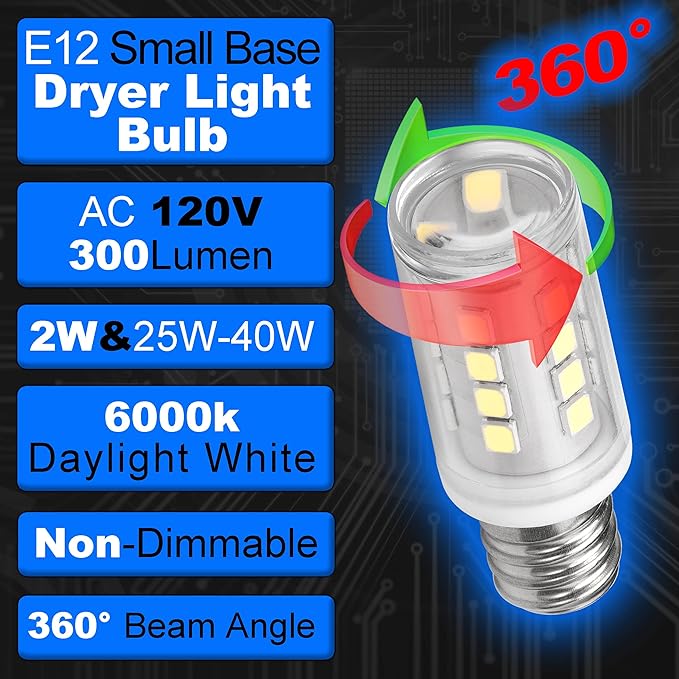 Dryer Light Bulb 120V 10W 25W 40W Equivalent WE05X20431 WP22002263 Appliance Bulb E12 Candelabra Base 2W 300lm 6000K Daylight White for Dryer Drum Water Ice Dispenser Refrigerators Bulb, 2 Pack - Bloomnest
