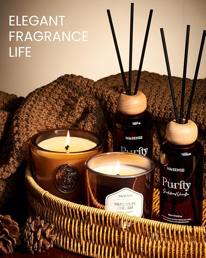 M&SENSE Reed Diffuser Set, Jasmine Sandalwood Scented 6.3 fl oz Natural Essential Oil Diffusers with Sticks, Non-Toxic Organic Air Freshener, Long-Lasting Fragrance Oils for Home Bathroom Living Room MSENSE