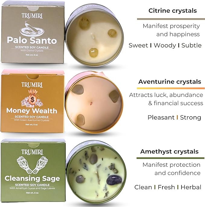 Cleansing Sage, Palo Santo, Money Wealth - Soy Candles Non Toxic - Highly Scented Long Lasting with Essential Oils - Variety Pack of 3 x 5oz - for Home Aromatherapy Meditation Gift Travel TRUMIRI