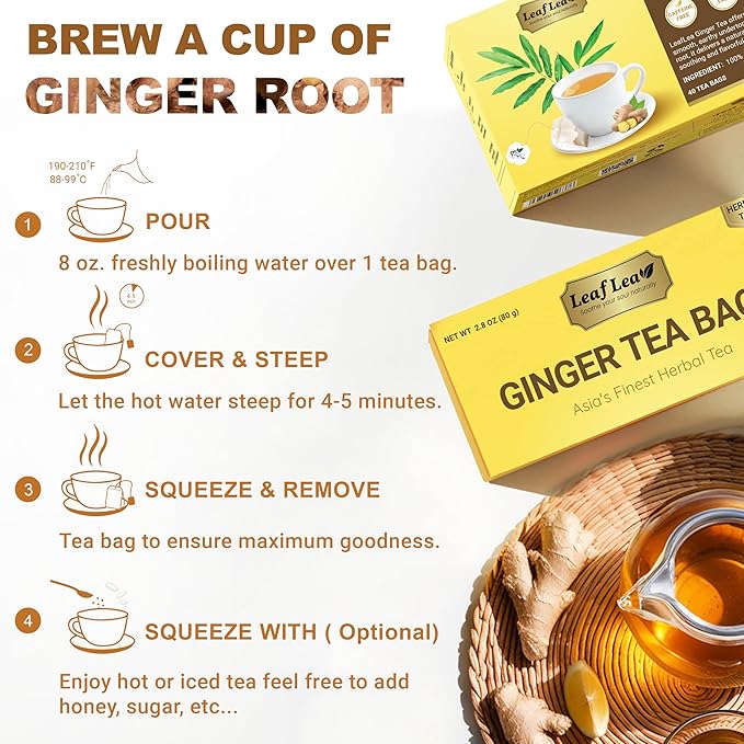 LeafLea 120 Ginger Tea Bags, 100% Pure Ginger Root Herbal Tea, Spicy & Warming Flavor, Supports Digestion & Immune Health, Individually Wrapped, Caffeine-Free, Sugar-Free, Gluten-Free, Non-GMO, Vegan - Bloomnest