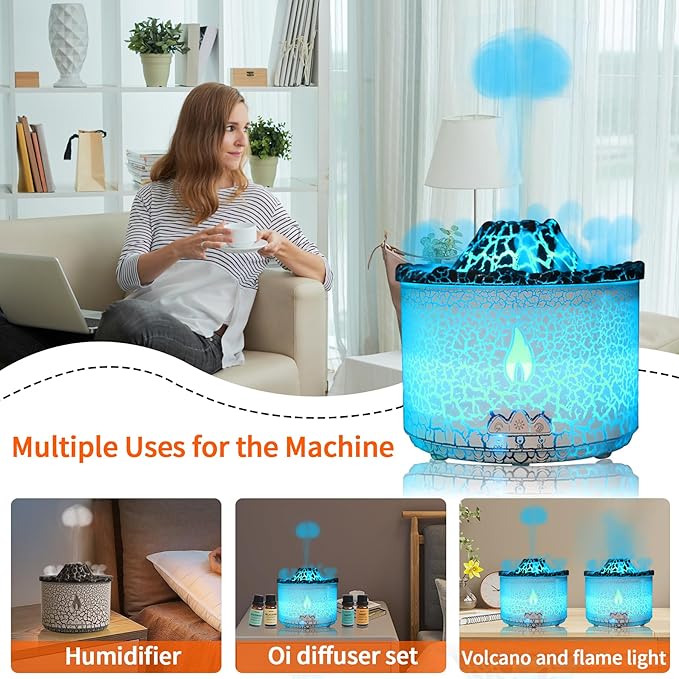BOHOFAM Essential Oil Diffuser 360ML,Volcano and Flame Diffuser/Humidifier 2 Mode,Diffusers for Home with 7 Colorful Light,Included 4 Hotel Collection Diffuser Oil for Bedroom(White Translucent) - Bloomnest