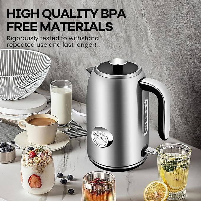 Pukomc Electric Kettle,1.7L Stainless Steel Electric tea kettle with Temperature Gauge, Fast Boiling, Auto Shut - off, BPA - Free, Boil - Dry Protection, (Silver) - Bloomnest