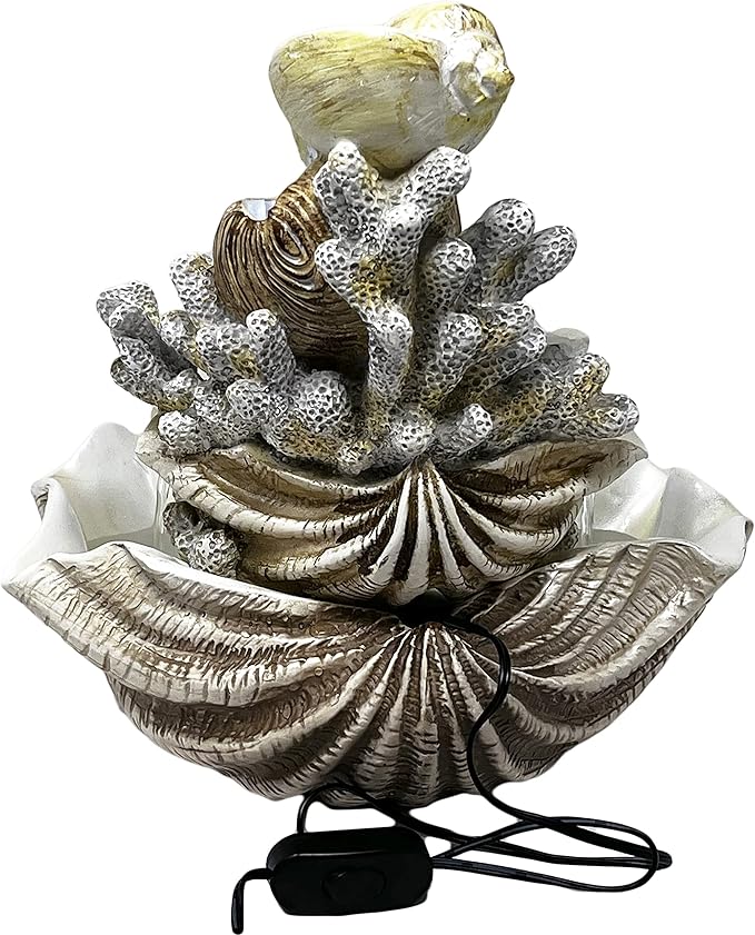10.5" H Coral Reef Shell Fountain Indoor Fountain with LED Lights and Adjustable Motor Pump (Power Cord Attached) (Resin) - Bloomnest