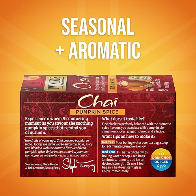 Twinings Pumpkin Spice Chai Black Tea Individually Wrapped Bags, 20 Count (Pack of 6), Warm, Spicy & Aromatic, Caffeinated, Enjoy Hot or Iced, 120 Teabags - Bloomnest