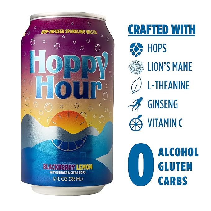 Hoppy Hour Sparkling Hop Water, Non-Alcoholic and Adaptogens Drink, Zero Sugar and Calories, Refreshing Blackberry Lemon Flavor, 12 oz Cans (12-Pack) - Bloomnest