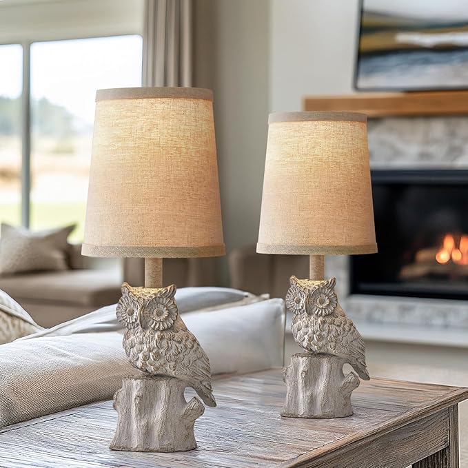14.25" Small Table Lamps Set of 2 Owl Lamps for Home Decor Rustic Farmhouse Vintage Bedside Table Resin Retro Nightstand, White - Bloomnest