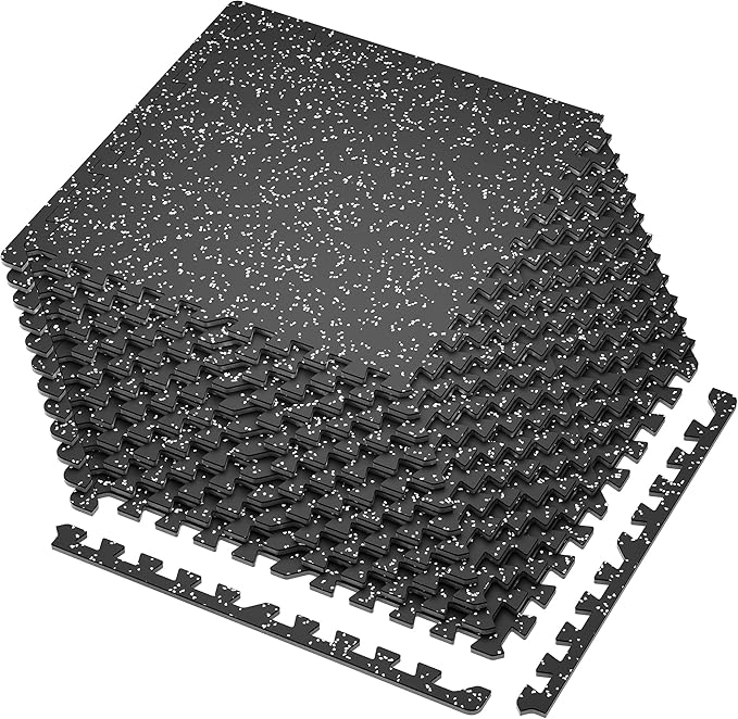 SUPERJARE 0.4'' Thick 12 Pcs 48 Sq Ft Rubber Top Exercise Equipment Mats, High Density EVA Foam Mats with Rubber Top, Interlocking Gym Flooring for Home Gym, Protective Workout Mat, Black/Grey - Bloomnest
