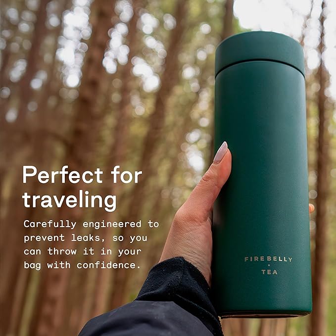 Firebelly Tea, Travel Tea Infuser Mug with Strainer, Insulated Tumbler for Loose Leaf Tea or Coffee, Leakproof Bottle for Hot or Iced Drinks, Stainless Steel Thermos with Lid, Forest - Bloomnest
