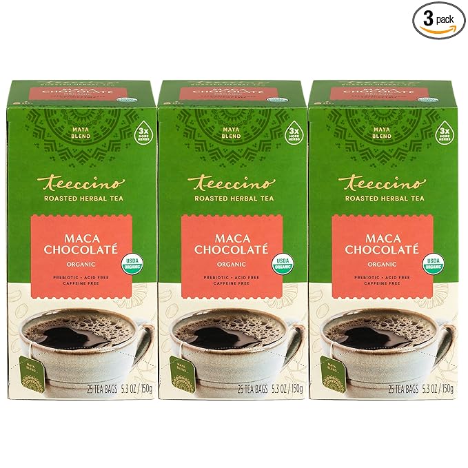 Teeccino Maca Chocolaté Herbal Tea - Adaptogenic Peruvian Maca, Cacao, Chicory, Prebiotic, Caffeine Free, Acid Free, Coffee Alternative, 25 Tea Bags (25 Count (3 Pack)) - Bloomnest