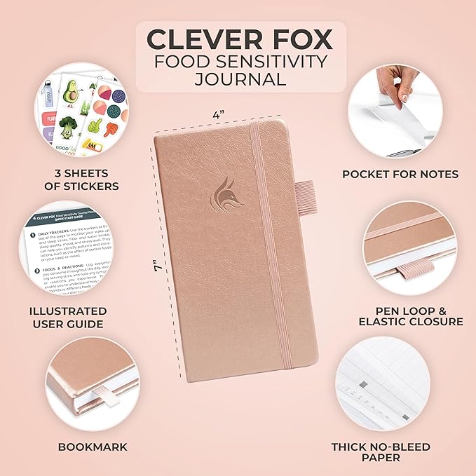 Clever Fox Food Sensitivity Journal Pocket – Daily Intolerance & Symptom Log for IBS, Diabetic, Low Fodmap, Elimination Diet – Health Tracker, 3.7x6.7 (Rose Gold) - Bloomnest