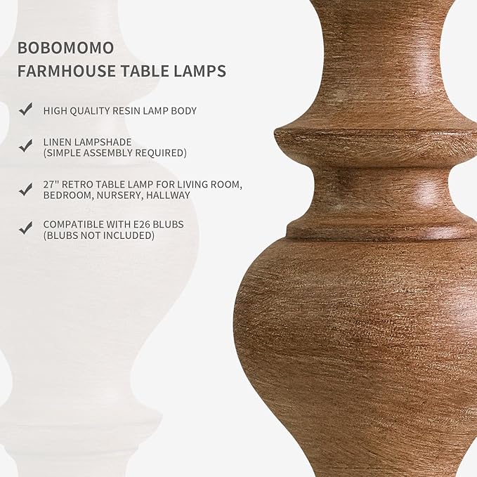 BOBOMOMO 27" Light Brown Table Lamps Set of 2, Large Farmhouse Resin Lamps with Linen Shades, Rustic Vintage Lamps for Living Room, Bedroom, Console Table or Entryway Home Lighting - Bloomnest