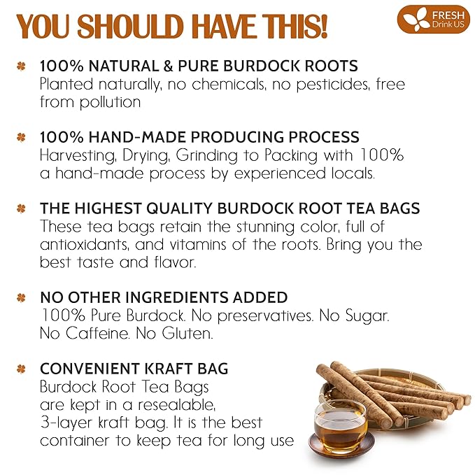 FreshDrinkUS Premium Burdock Root Tea Bags, 100% Natural & Pure. Burdock Herbal Tea, Made with Natural Material Tea Bags. No Sugar, No Caffeine, No Gluten, Vegan - Bloomnest