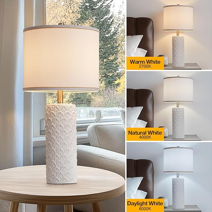 27" Farmhouse Bedside Table Lamp Set of 2, White Modern Ceramic Lamps for Living Room, 3 Color Temperature Rustic Table Lamps for Bedroom, Night Stands, Dorm,Office, Home Décor (Bulb Included - Bloomnest