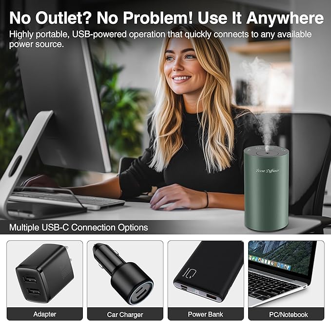 Waterless Essential Oil Diffuser Starter Kit - No Water Needed, Battery Operated Mini Scent Air Machine, Included 3x20ML Essential Oils, Portable Aromatherapy Diffuser for Home & Car & Office, Green - Bloomnest