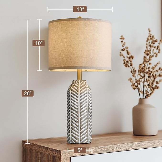 BOBOMOMO 26" Retro Farmhouse Lamps Set of 2 - Vintage Leaf Design, Living Room Lamps with Linen Shades, Rustic Resin Lamp for Bedroom, Living Room, Nightstand, Entryway, Nursery, Wood Grain - Bloomnest