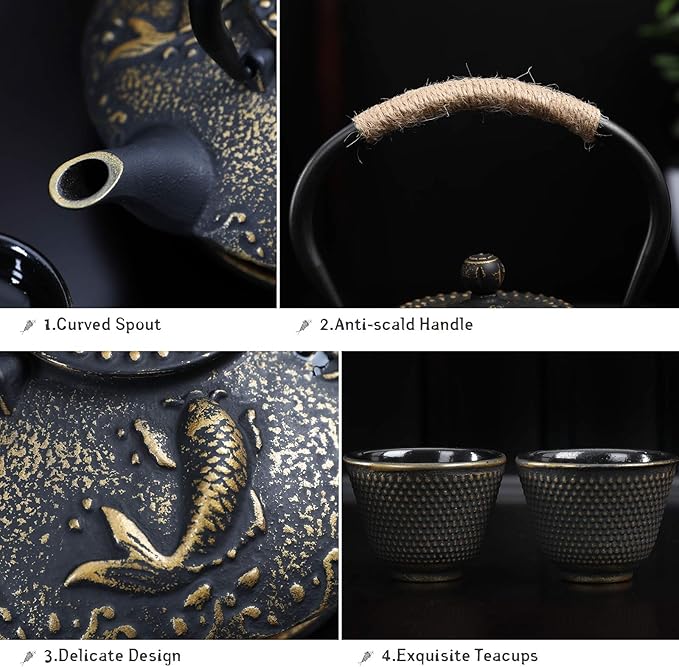 Ufine Koi Fish Cast Iron Teapot Set Stove Top Tea Kettle with 4 Cups Japanese Style Tetsubin Tea Gift Set, 26 oz with Stainless Steel Infuser - Bloomnest