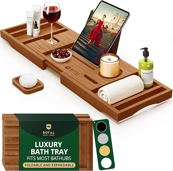 ROYAL CRAFT WOOD Premium Foldable Bathtub Tray - Wood Bath Tray for Tub, Bamboo Shelf, Expandable Bath Table Trays, Bathtub & Bathroom Accessories for New Home Gifts for Mom - Bloomnest