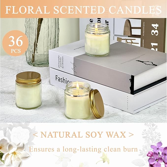 ACITHGL 36 Pcs 4oz Mini Mason Jar Candles Small Scented Candles Bulk Aromatherapy Ideal Souvenir Favors for Wedding Birthday Party (Vanilla, Lilac, Gardenia, Gold) - Bloomnest